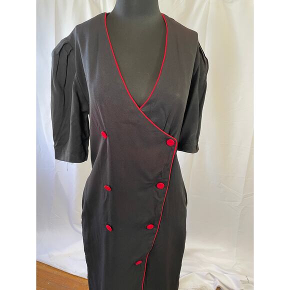 1980s Black Red Trim Wiggle Dress by Cactus NYC – Size 14 – Pinup Style - Picture 13 of 16